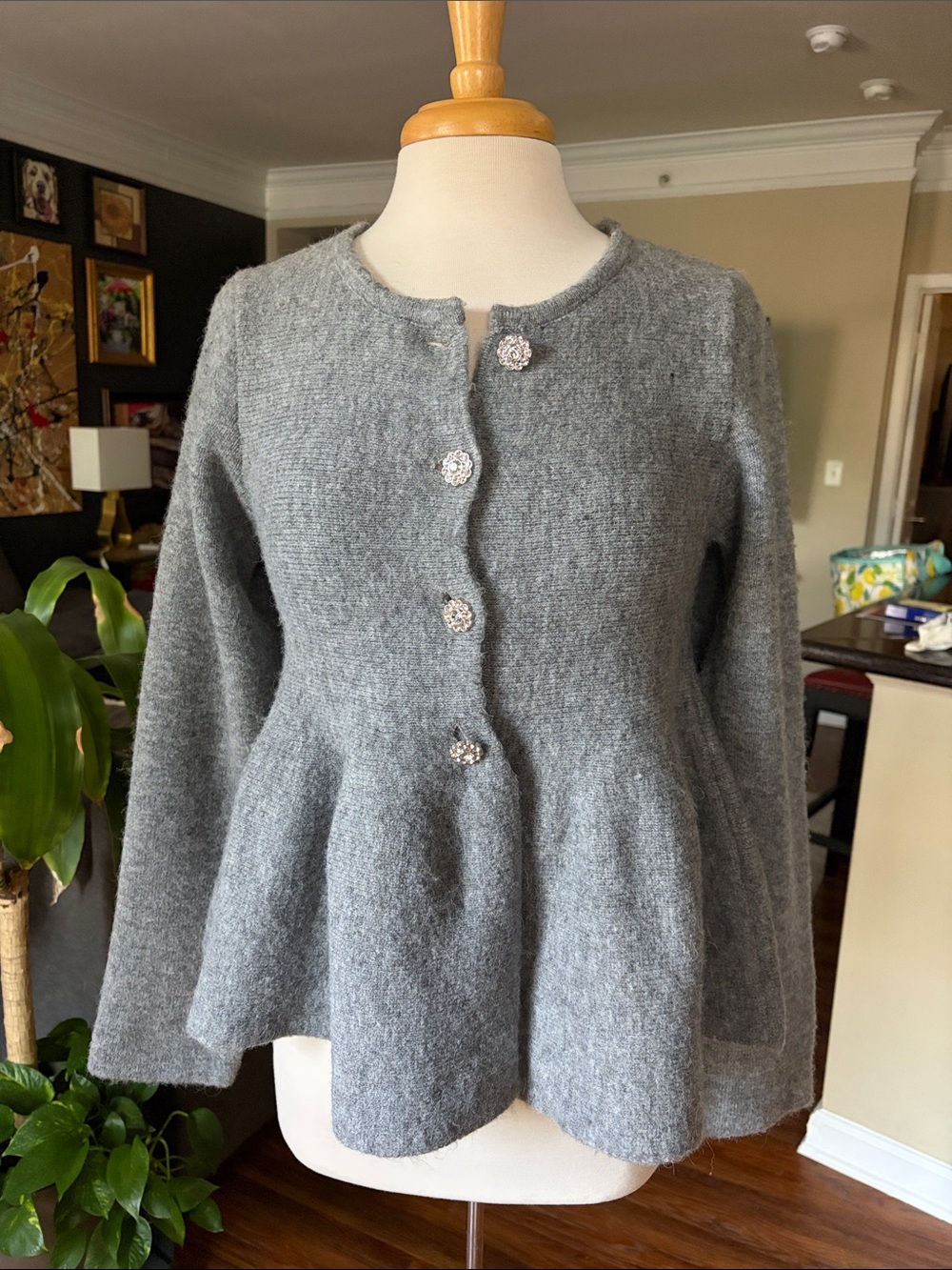 Maeve Gray Peplum Knit Cardigan with Jeweled Buttons